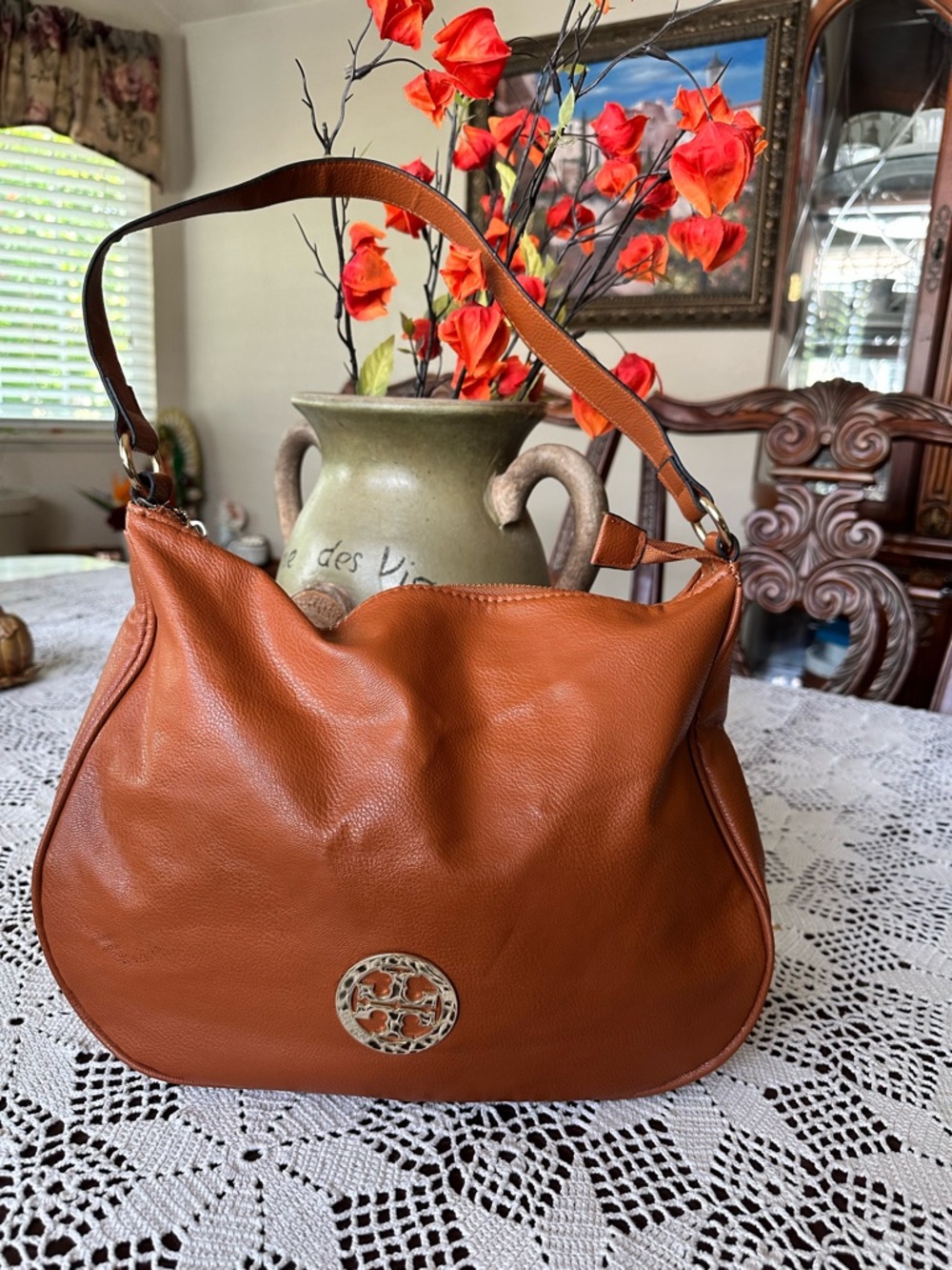 Tory Burch Tan Leather Shoulder Hobo with Gold Logo